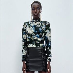 NWT ZARA Floral Ruched High Neck Blouse Sz XS